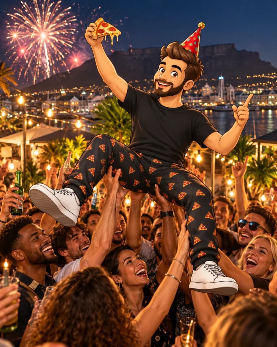 Kai, the Michi's mascot, crowd-surfing at a party with Table Mountain in the background