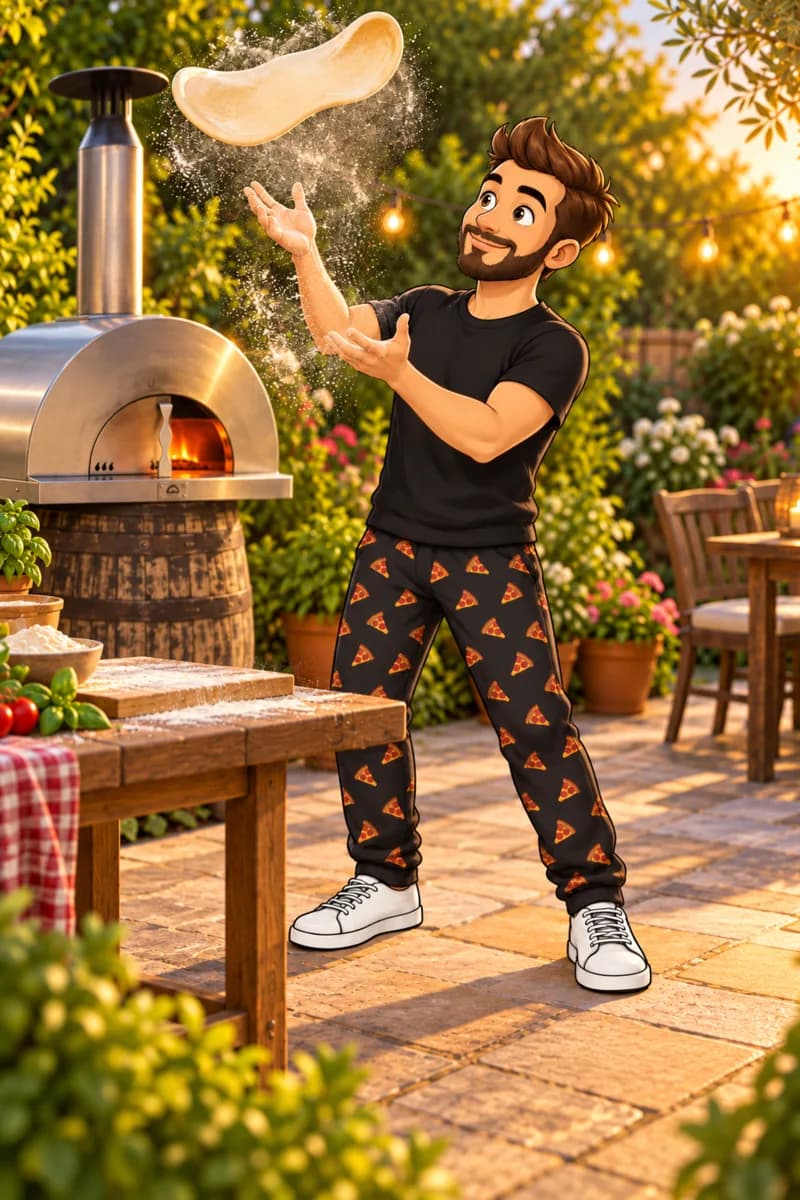 Kai, the Michi's mascot, tossing pizza dough into the air beside a wood-fired oven