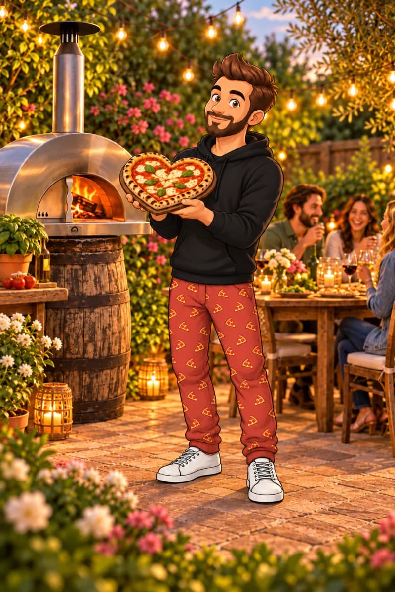 Kai, the Michi's mascot, holding a heart-shaped pizza while friends share dinner at a candlelit garden table