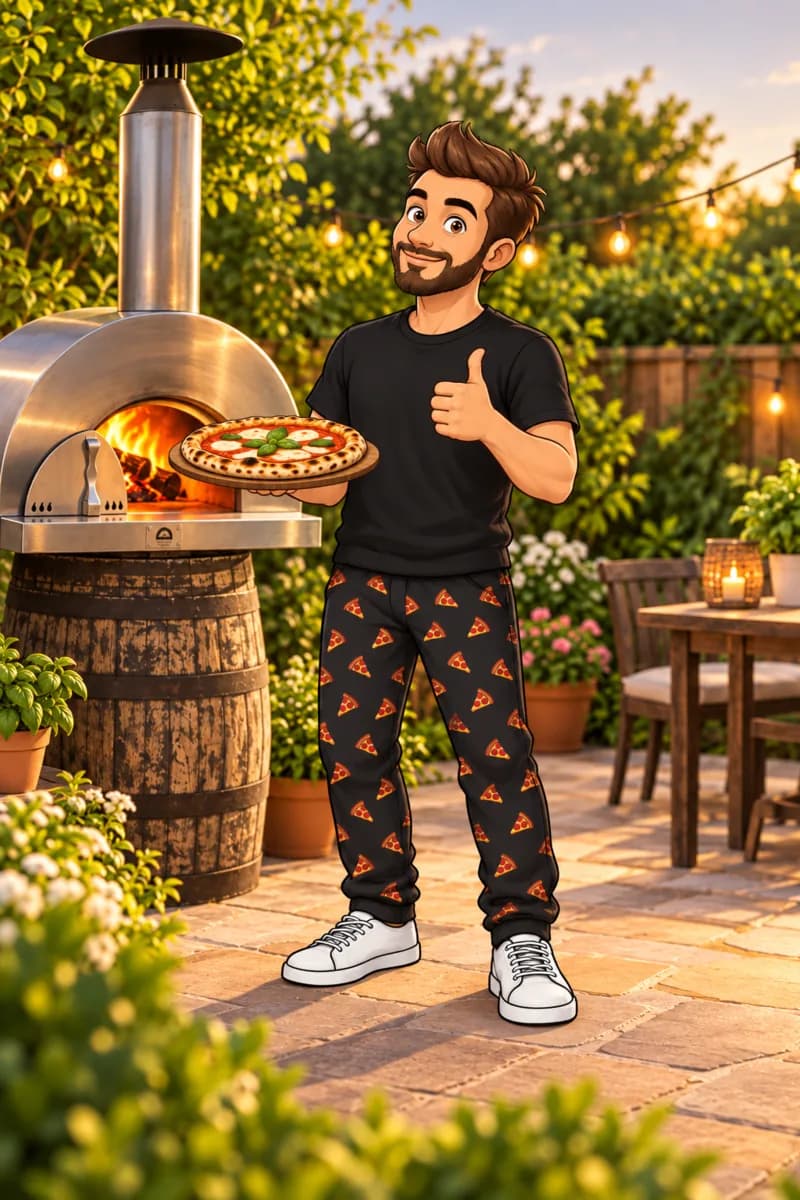 Kai, the Michi's mascot, holding a fresh pizza and giving a thumbs up beside a wood-fired oven in a garden